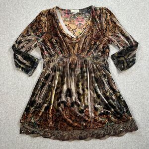 Live and Let Live Velvet Babydoll Top Women's Small 3/4 Sleeve V-Neck Y2K Tunic